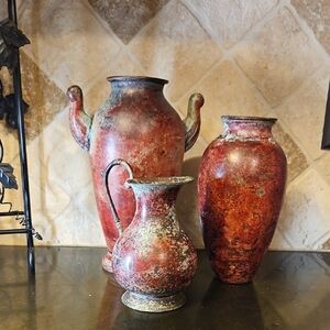 Vintage Rustic Oxidized Metal Vases with High Verdiaris Patina